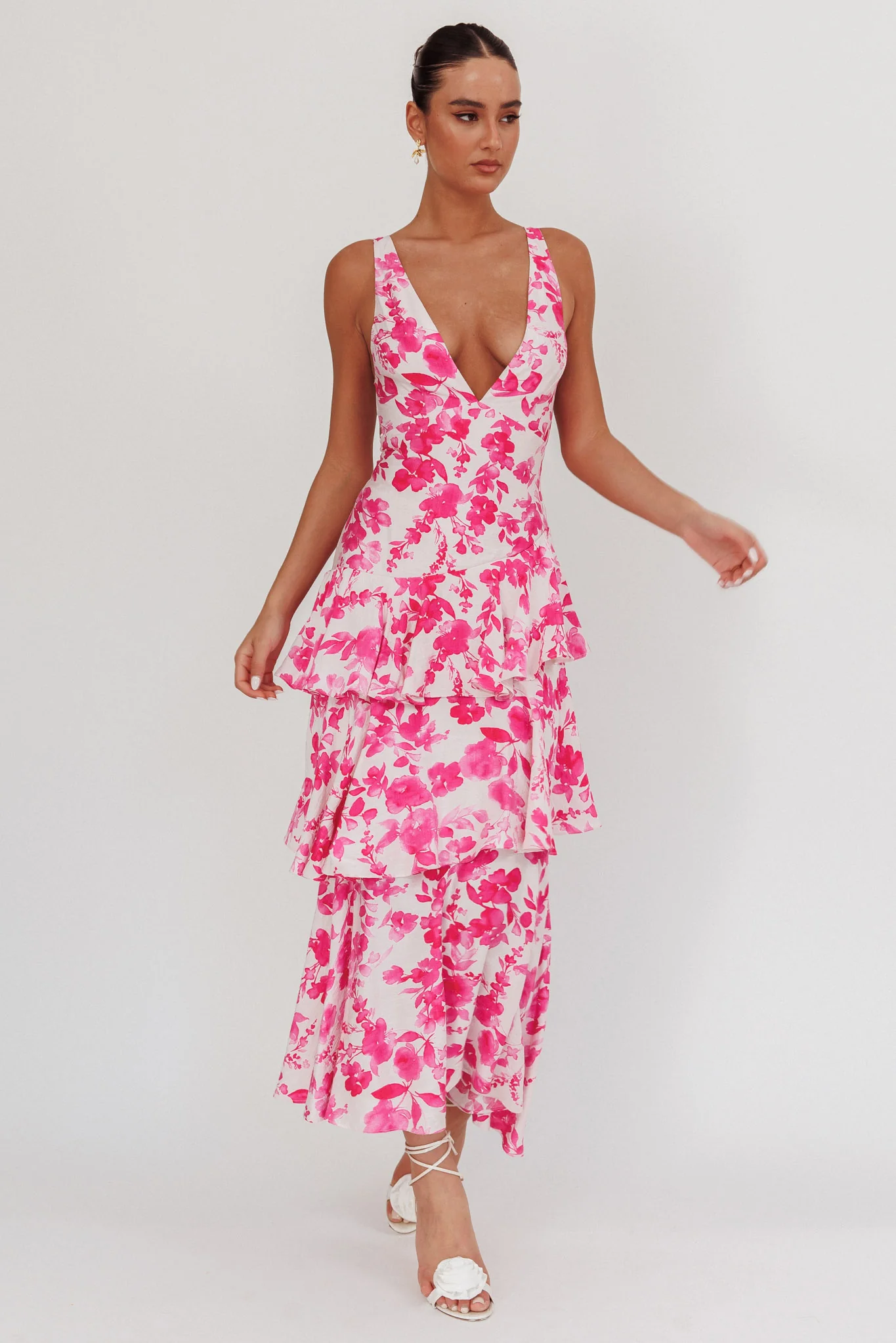 Veda Strappy Back Ruffle Maxi Dress Floral Fuchsia - Image 4