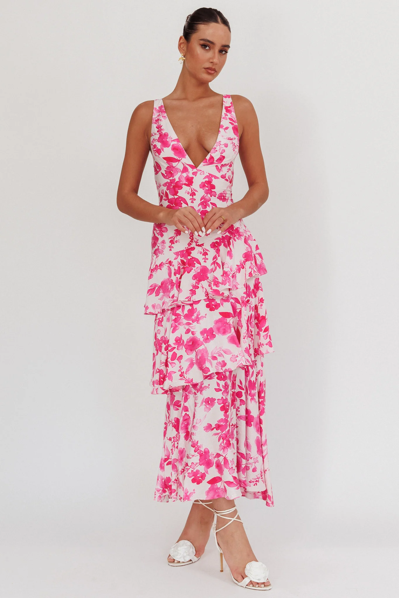 Veda Strappy Back Ruffle Maxi Dress Floral Fuchsia - Image 5