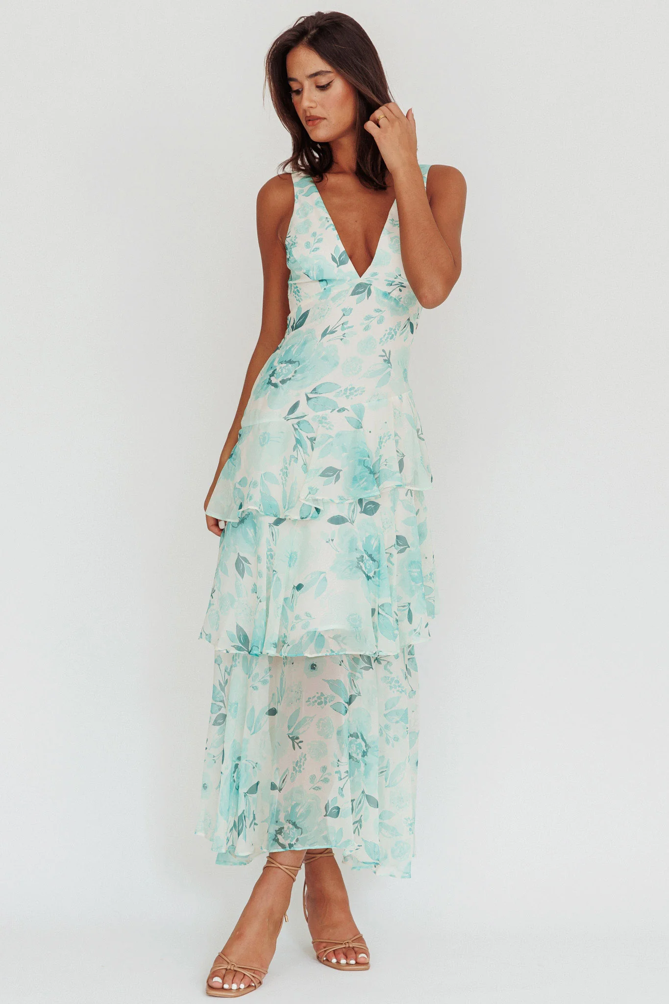 Veda Strappy Back Ruffle Maxi Dress Floral Green - Image 5