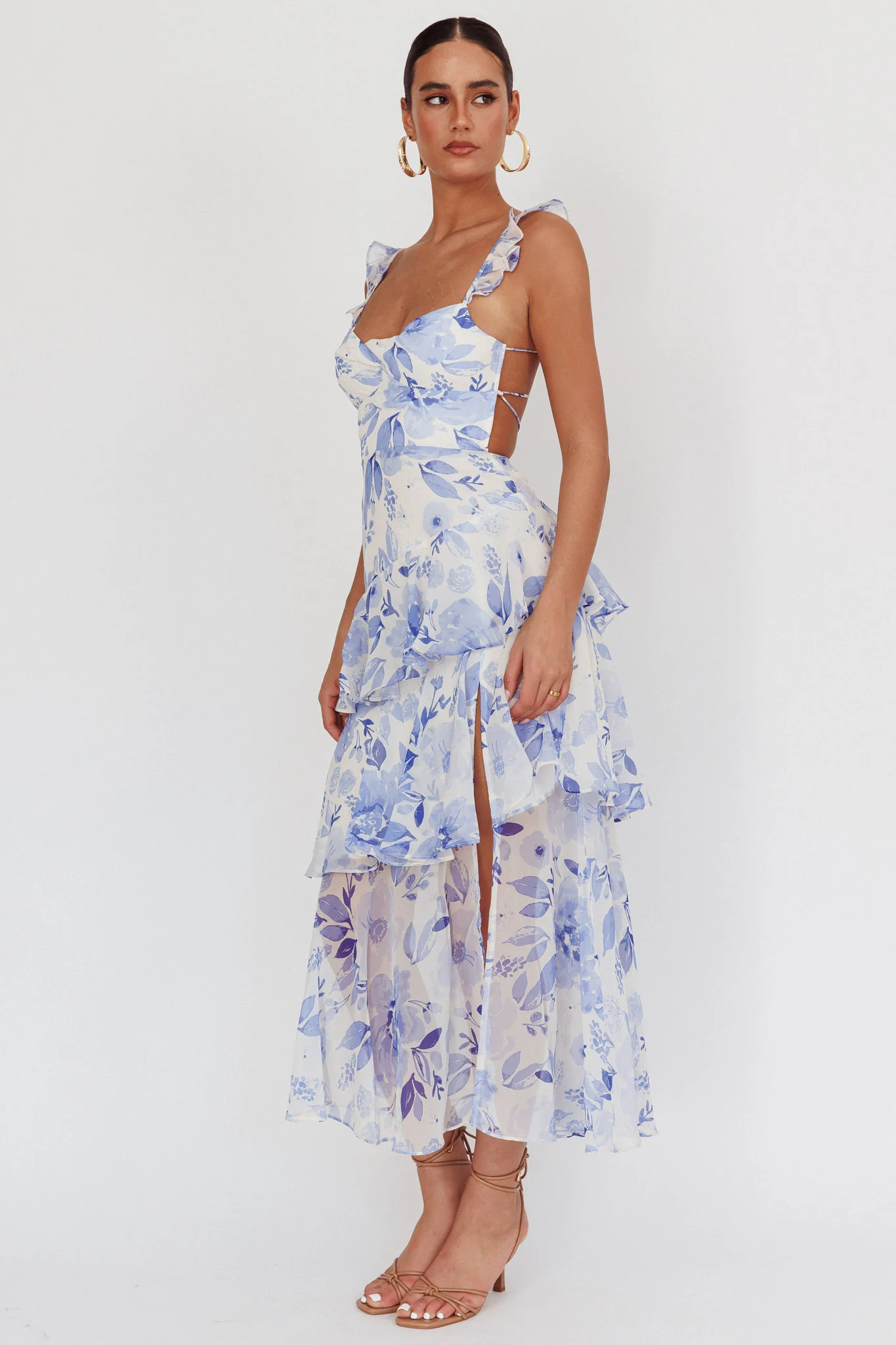 Veda Strappy Back Ruffle Maxi Dress Flowers Blue - Image 4