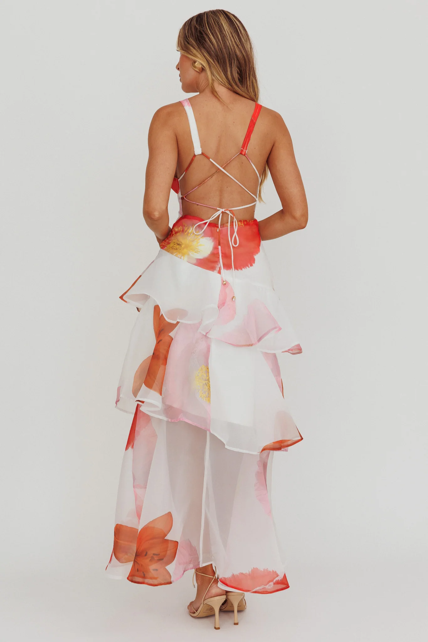Veda Strappy Back Ruffle Maxi Dress Flowers Pink - Image 3