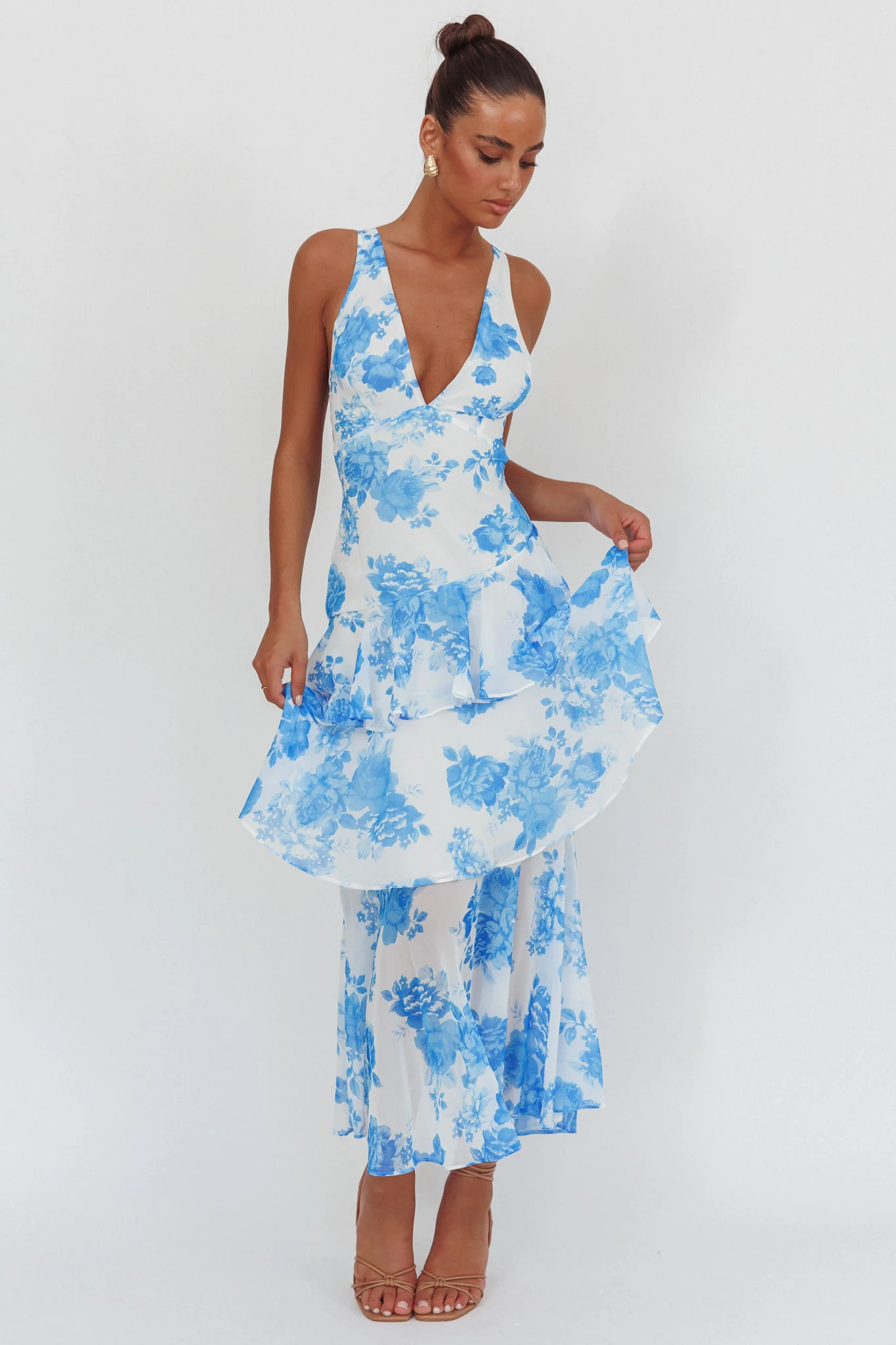 Veda Strappy Back Ruffle Maxi Dress Roses Blue - Image 4