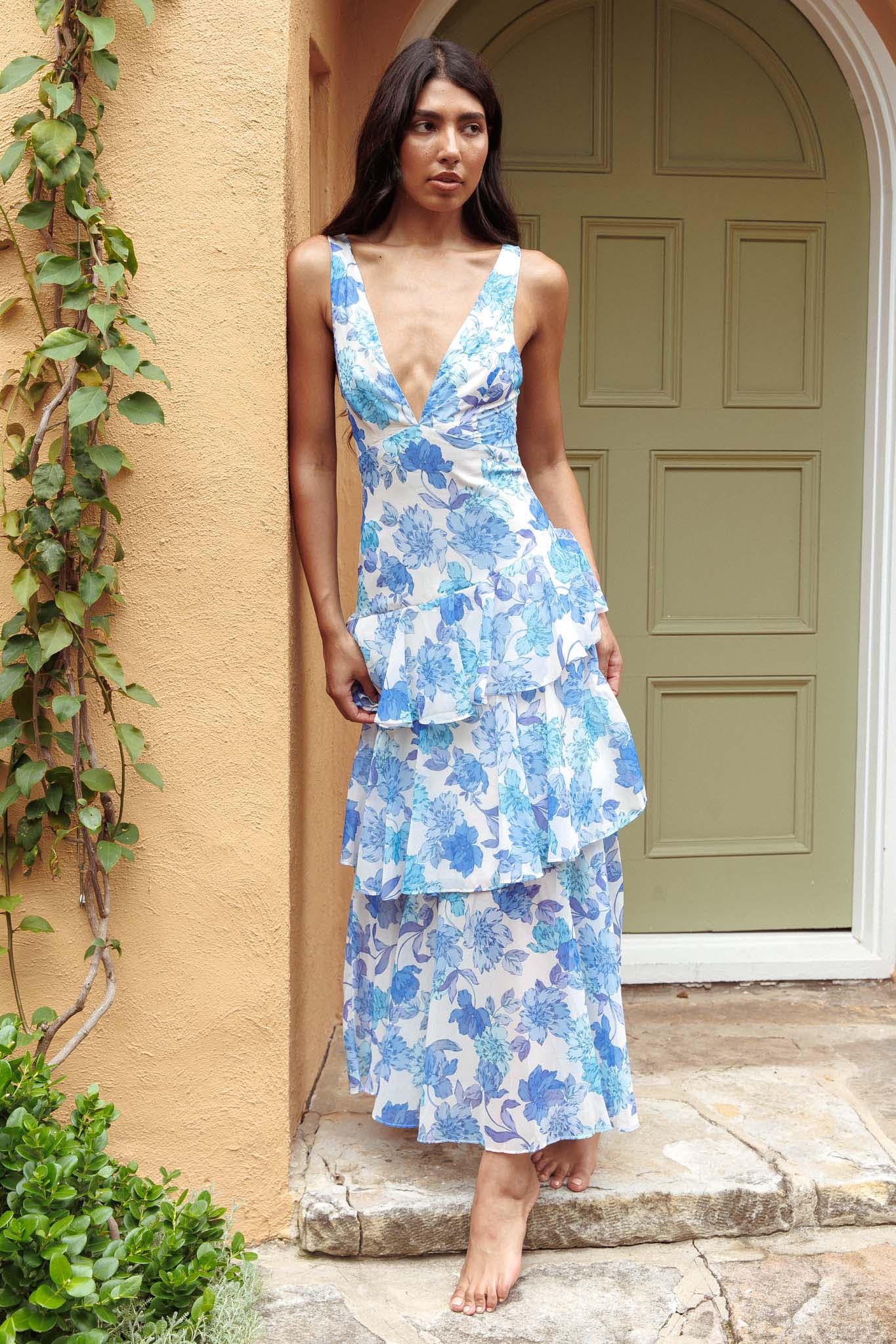 Veda Strappy Back Ruffle Midi Dress Floral Blue - Image 3