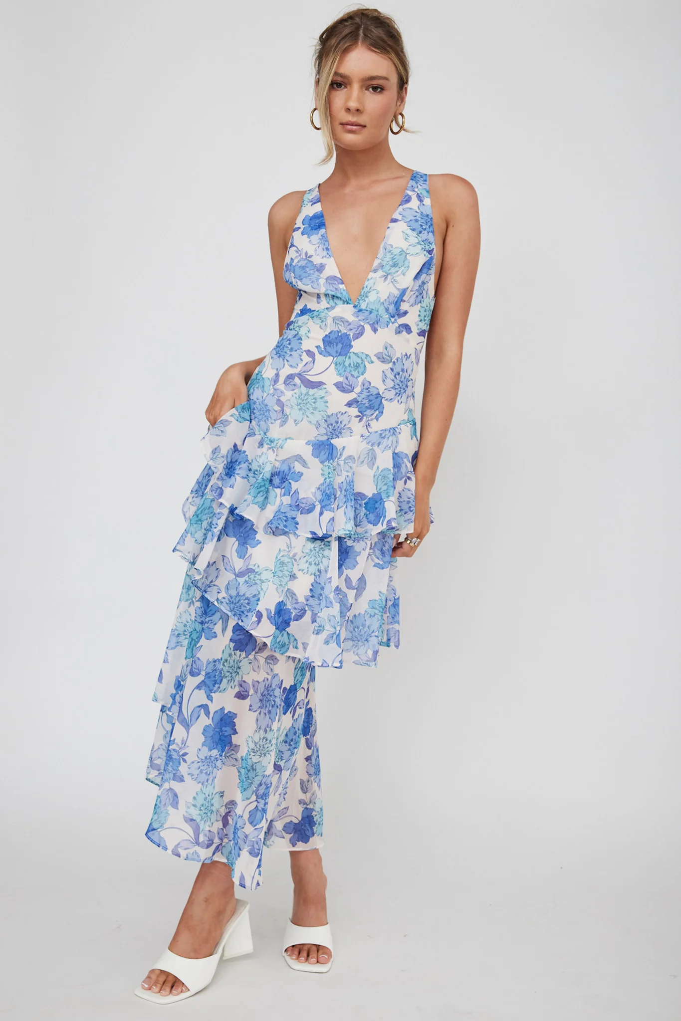 Veda Strappy Back Ruffle Midi Dress Floral Blue - Image 8