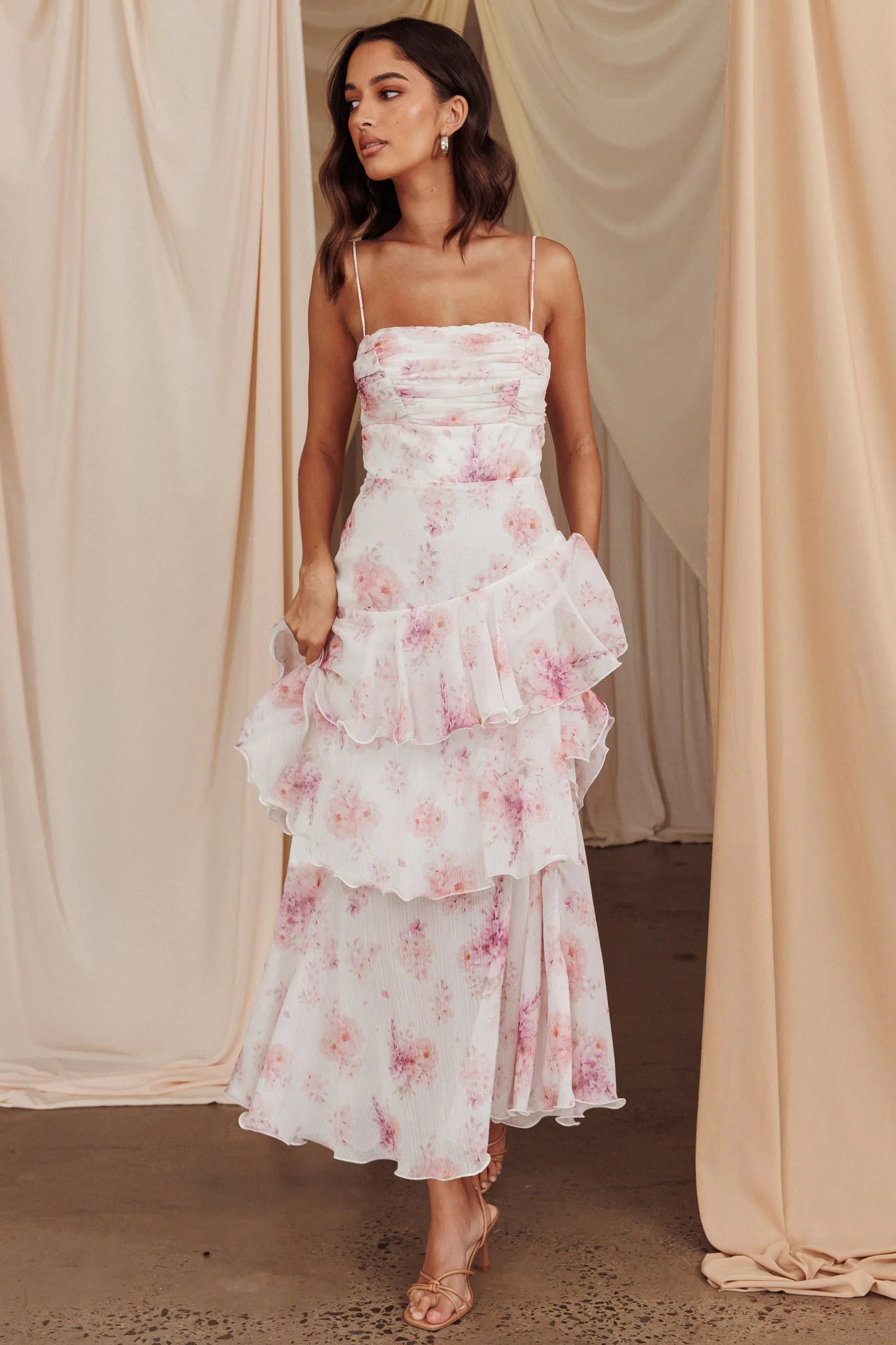 Veda Tiered Layer Midi Dress Floral Blush - Image 4