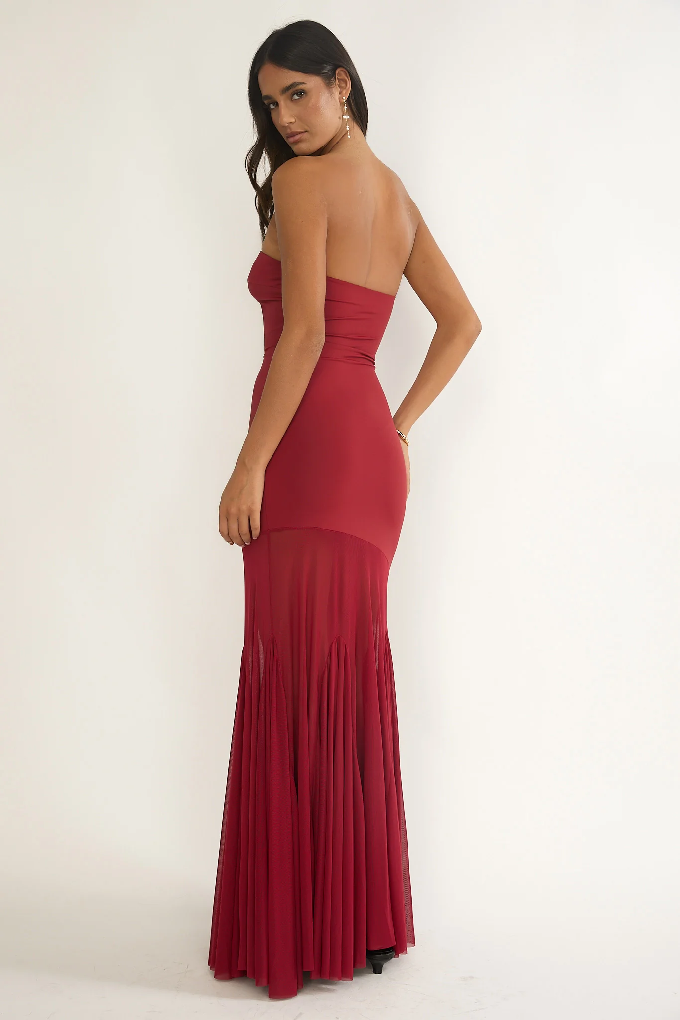 Velvet Rope Strapless Mesh Maxi Dress Wine - Image 5