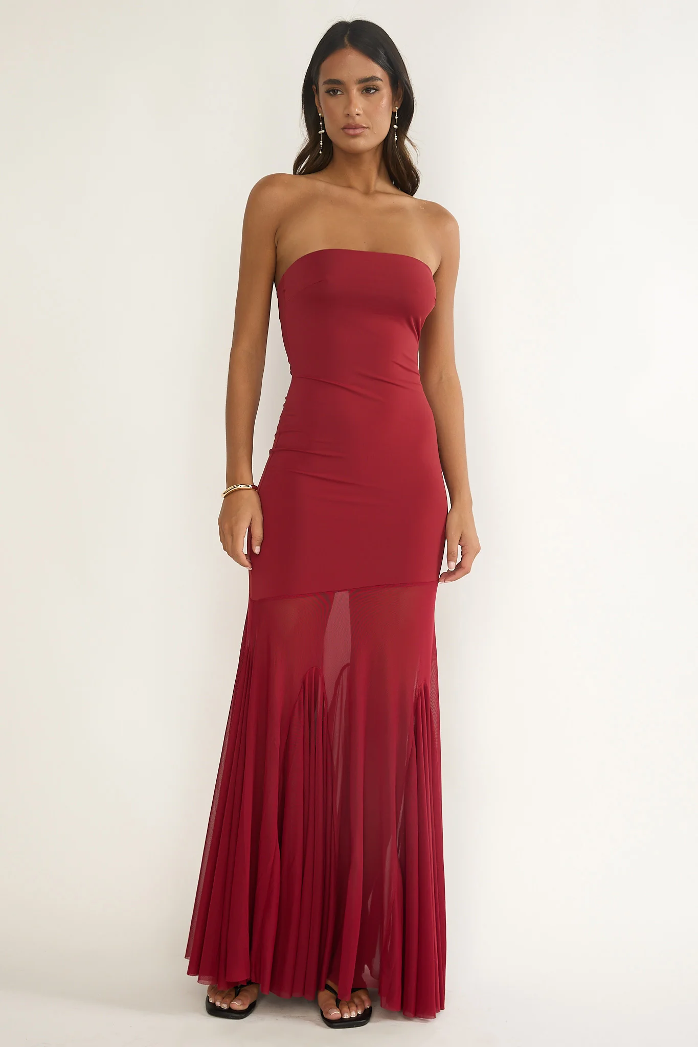 Velvet Rope Strapless Mesh Maxi Dress Wine - Image 7