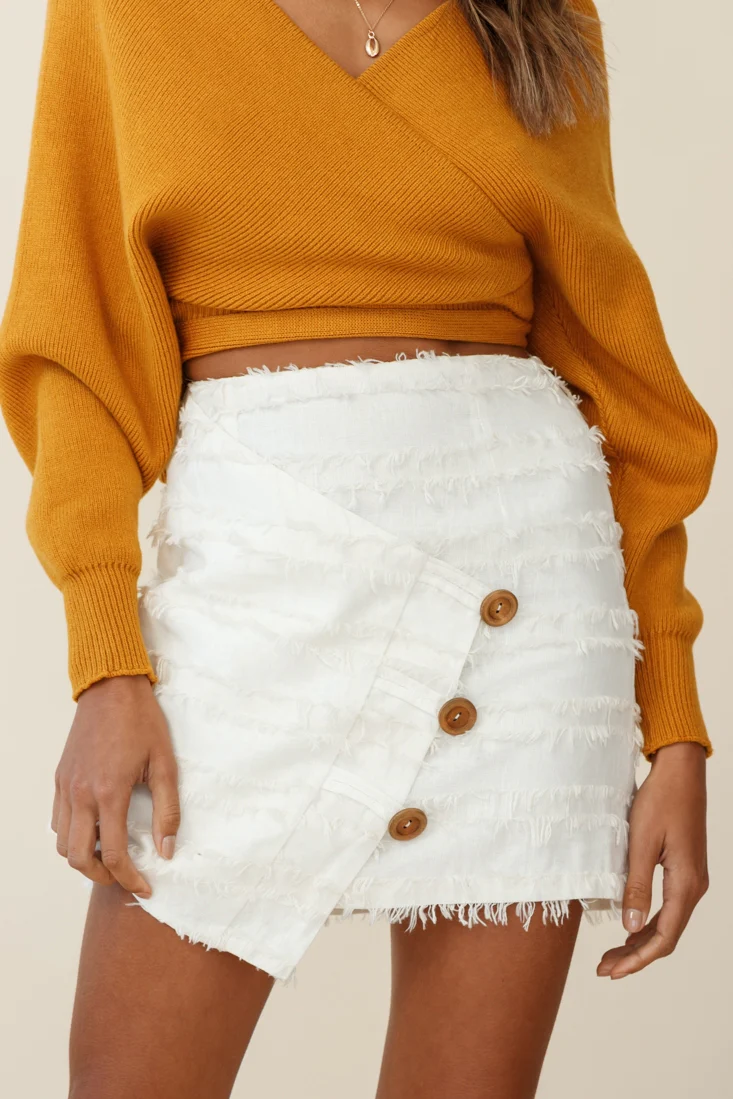 Venetian Faux Placket Frayed Wrap Mini Skirt White - Image 7