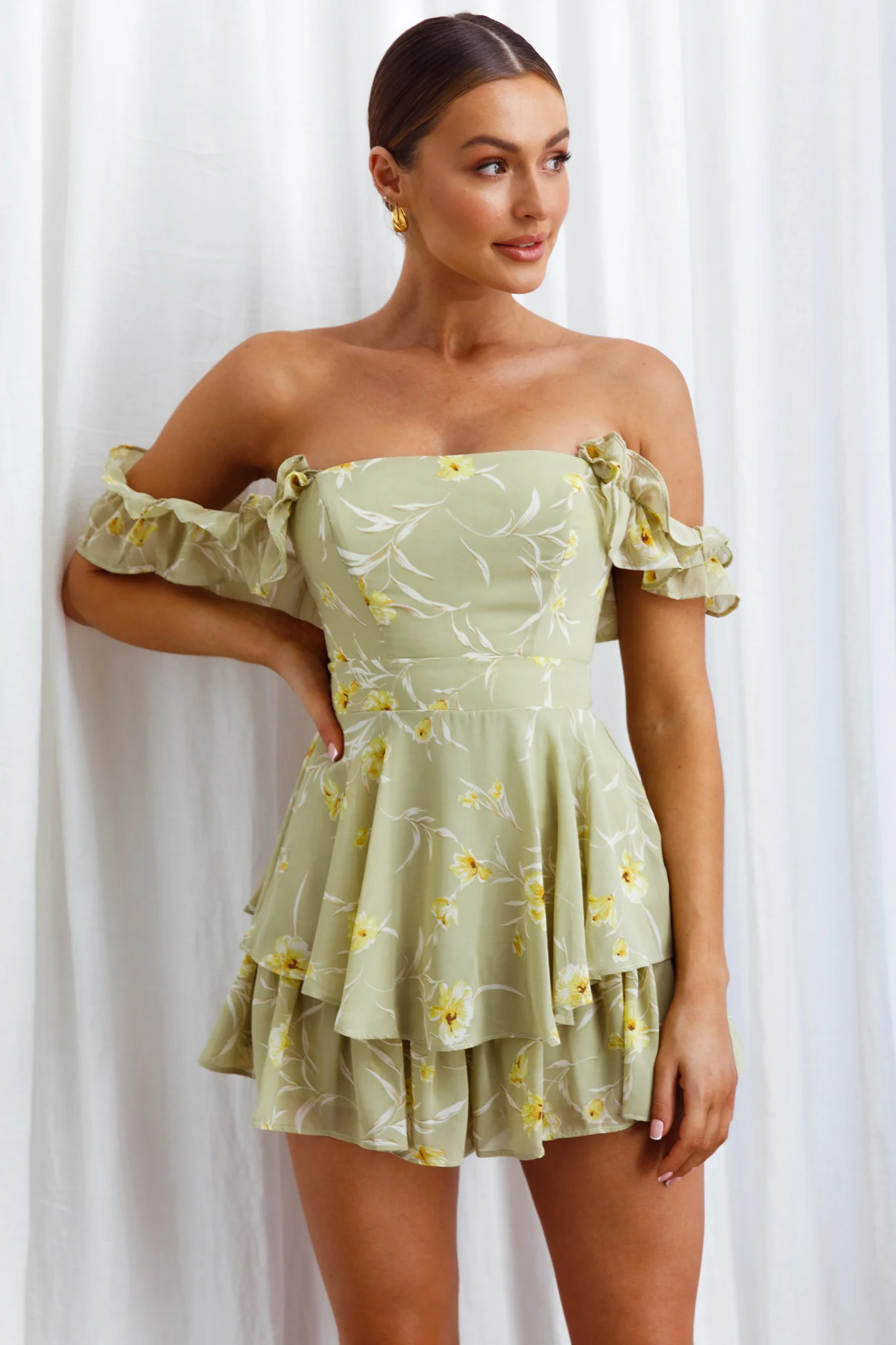 Verona Off-Shoulder Romper Floral Print Olive - Image 4