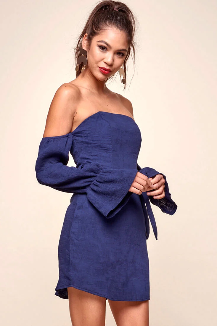 Veronica Off the Shoulder Bell Sleeve Dress Navy - Image 2
