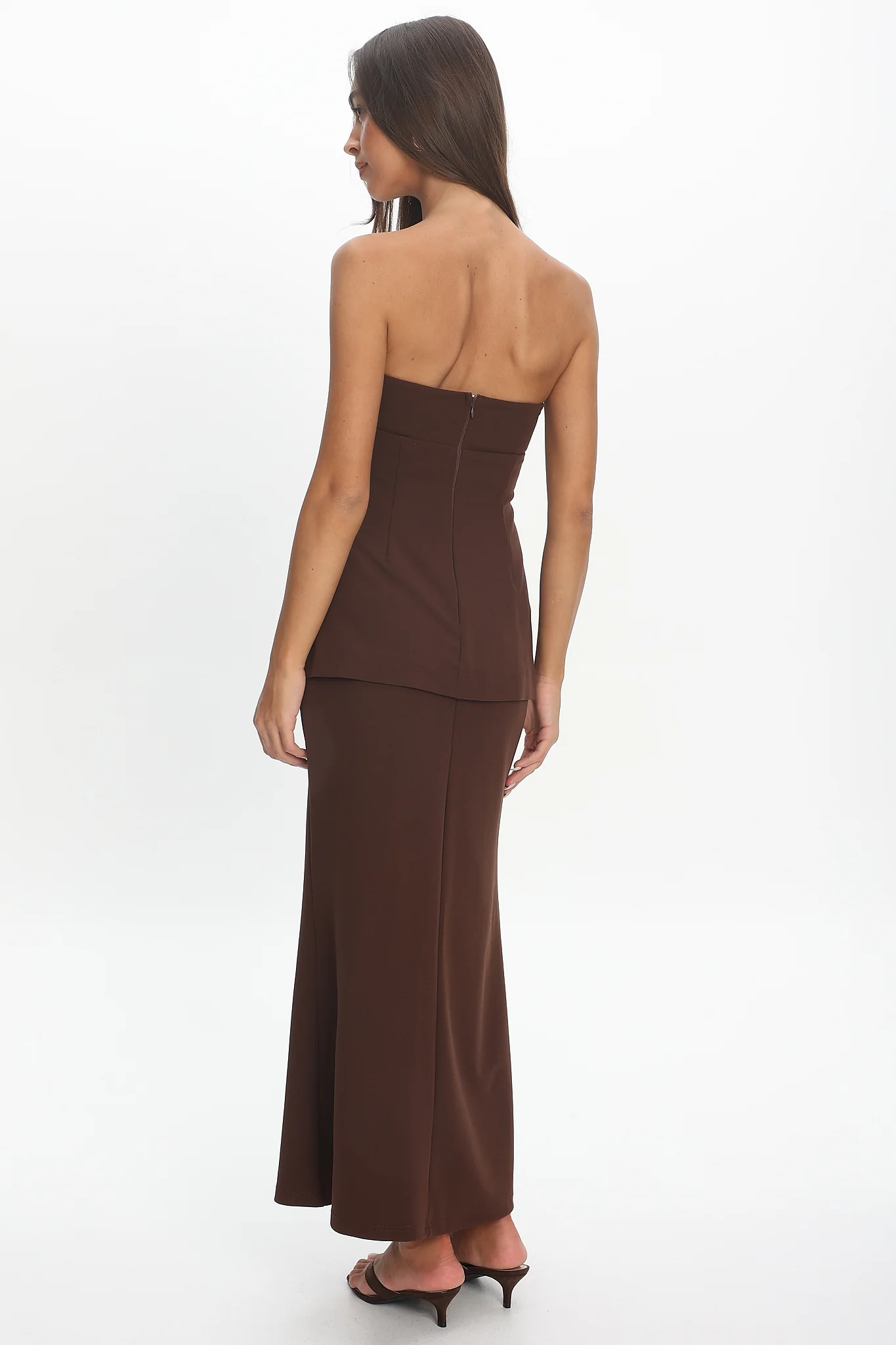 Vicci Strapless Flared Waist Maxi Dress Chocolate - Image 3