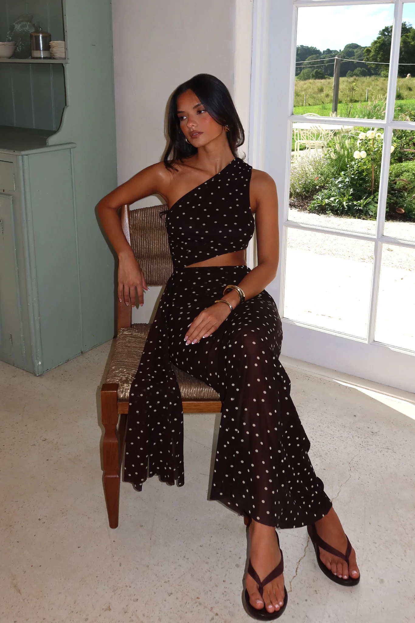 Viela One-Shoulder Cut-Out Maxi Dress Polka Dot Brown - Image 2