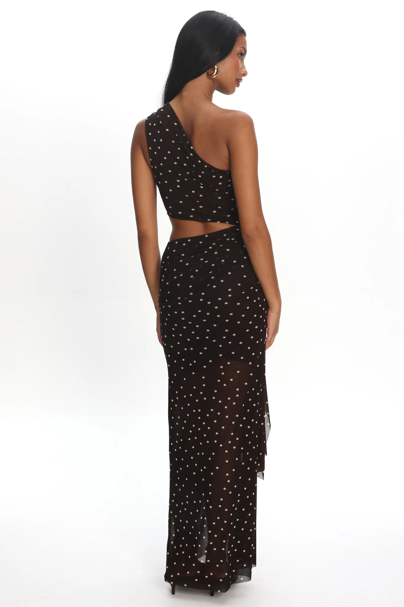 Viela One-Shoulder Cut-Out Maxi Dress Polka Dot Brown - Image 3