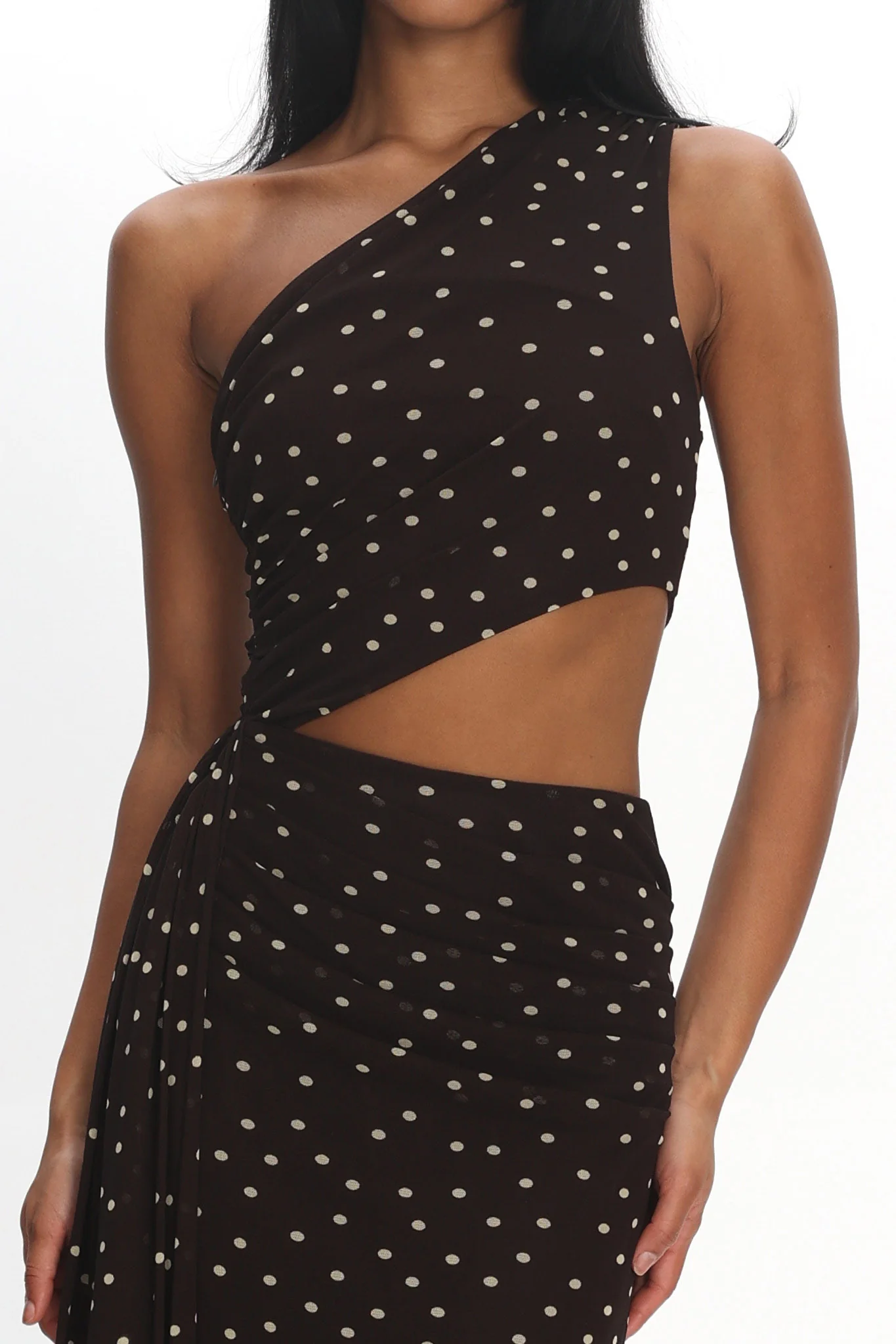 Viela One-Shoulder Cut-Out Maxi Dress Polka Dot Brown - Image 4