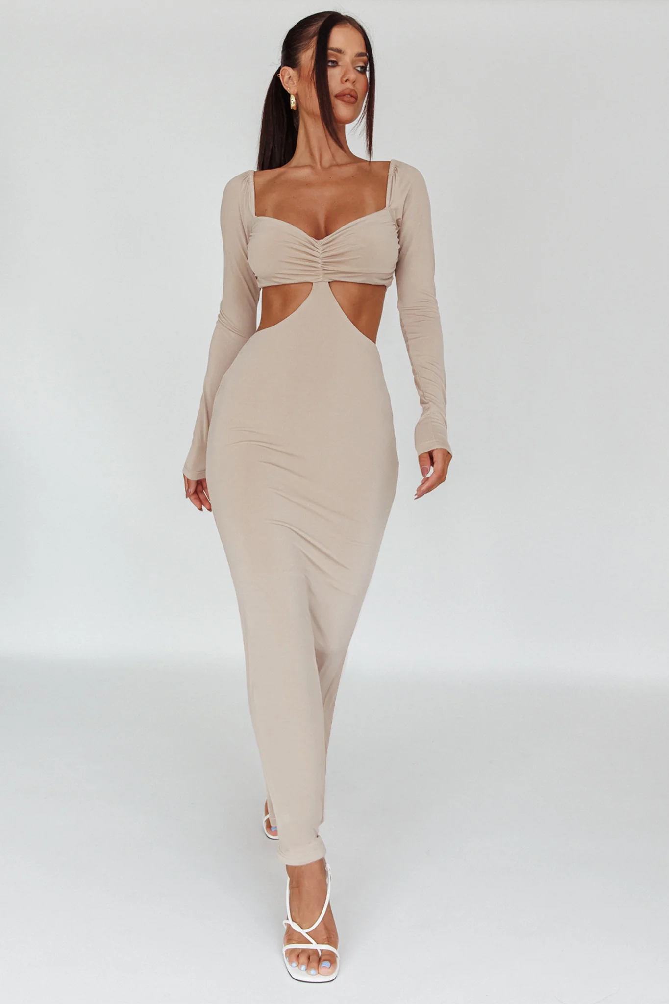 Vienna Long Sleeve Cut-Out Waist Maxi Dress Oat - Image 6