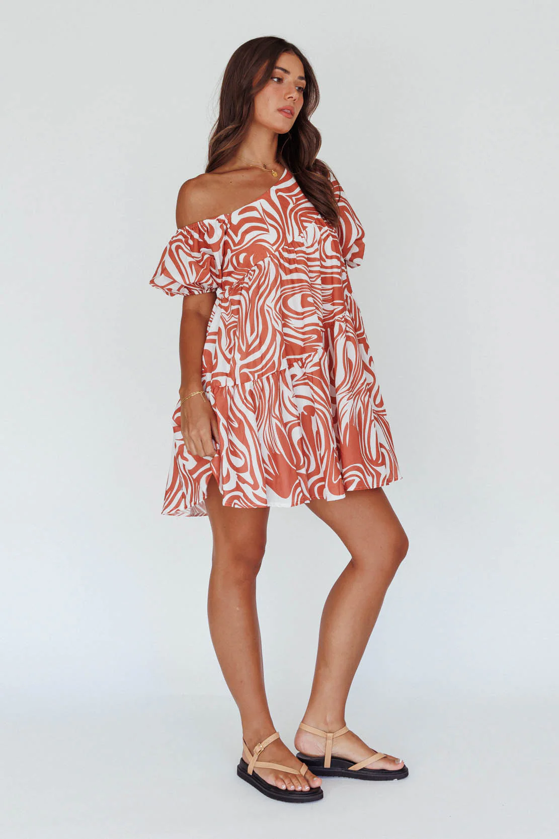 Villa Puff Sleeve One-Shoulder Dress Terracotta - Image 3