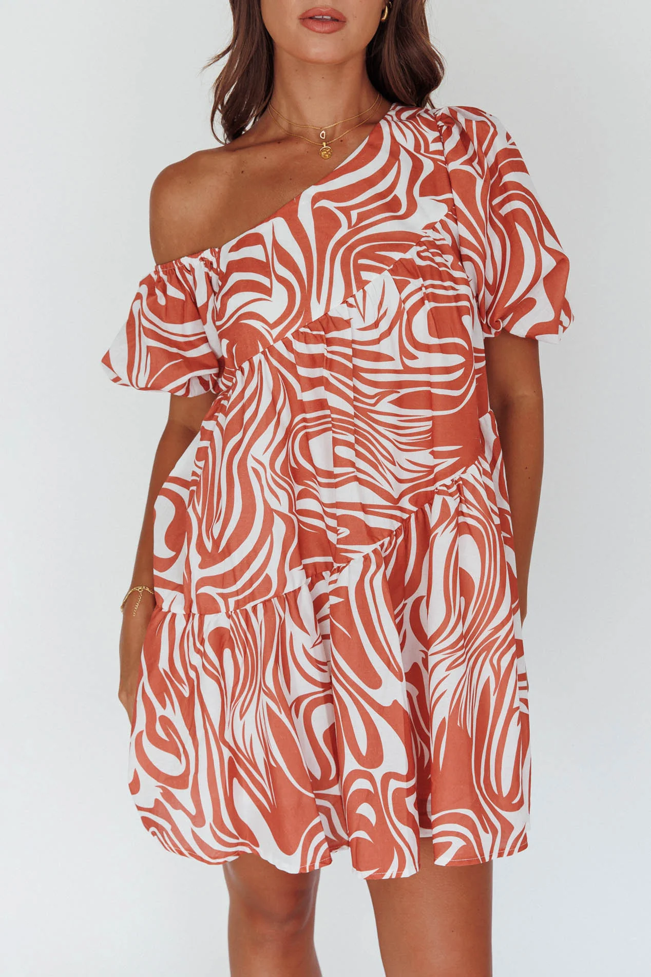Villa Puff Sleeve One-Shoulder Dress Terracotta - Image 4
