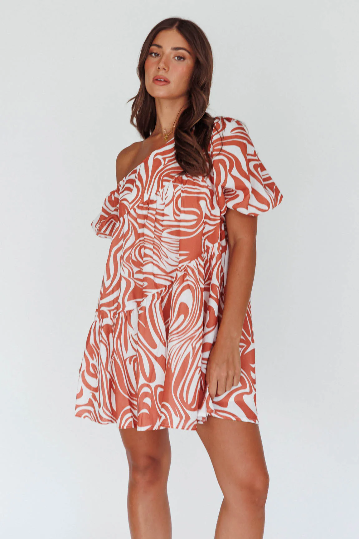 Villa Puff Sleeve One-Shoulder Dress Terracotta - Image 5