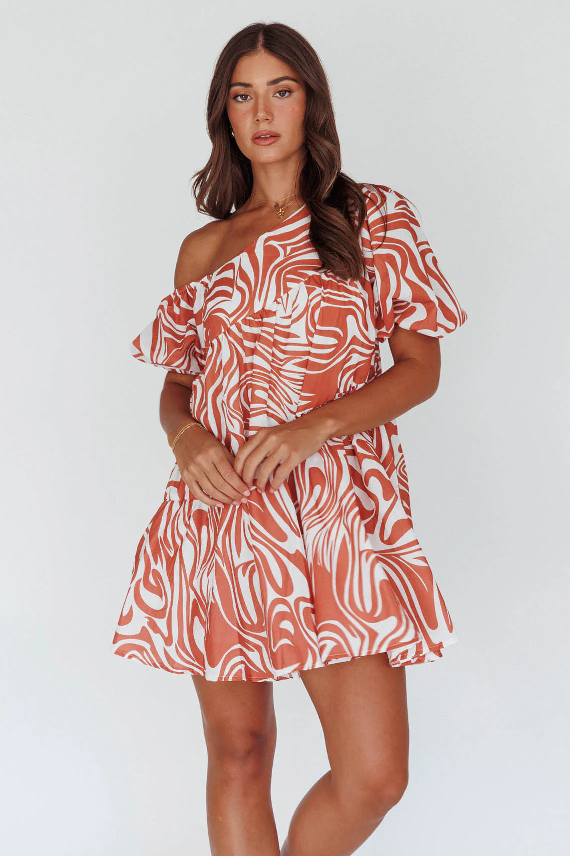Villa Puff Sleeve One-Shoulder Dress Terracotta - Image 6