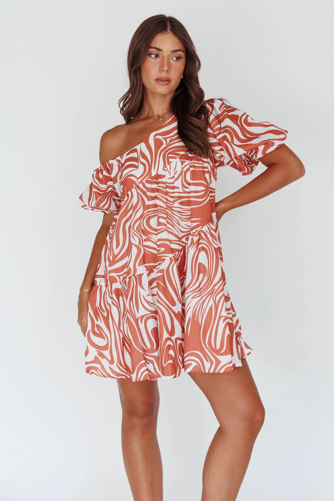 Villa Puff Sleeve One-Shoulder Dress Terracotta - Image 7