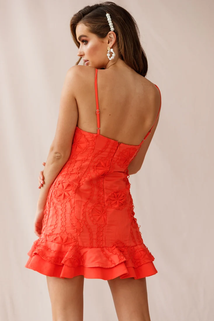 Virtue Cami Strap Embroidered Flounce Hem Dress Tangerine - Image 3
