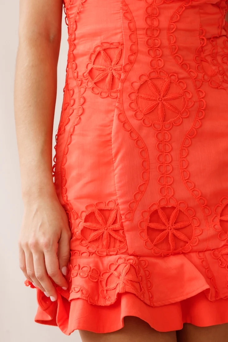 Virtue Cami Strap Embroidered Flounce Hem Dress Tangerine - Image 4
