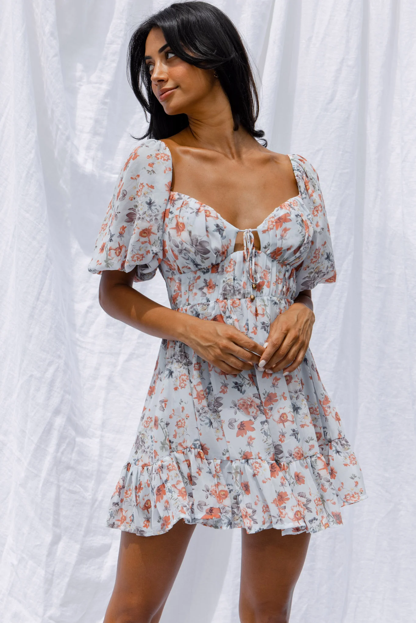 Vista Del Mar Tied Bust Mini Dress Floral Steel Blue - Image 5