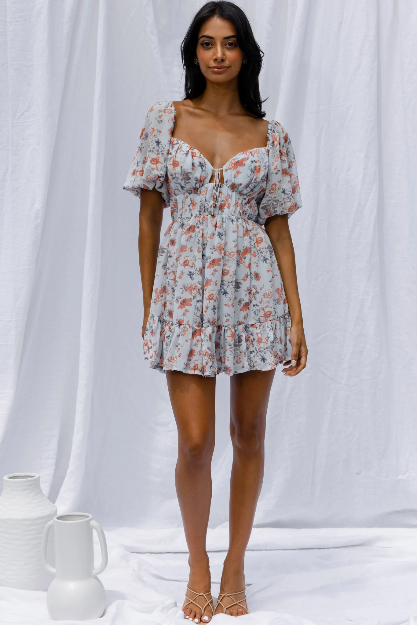 Vista Del Mar Tied Bust Mini Dress Floral Steel Blue - Image 6