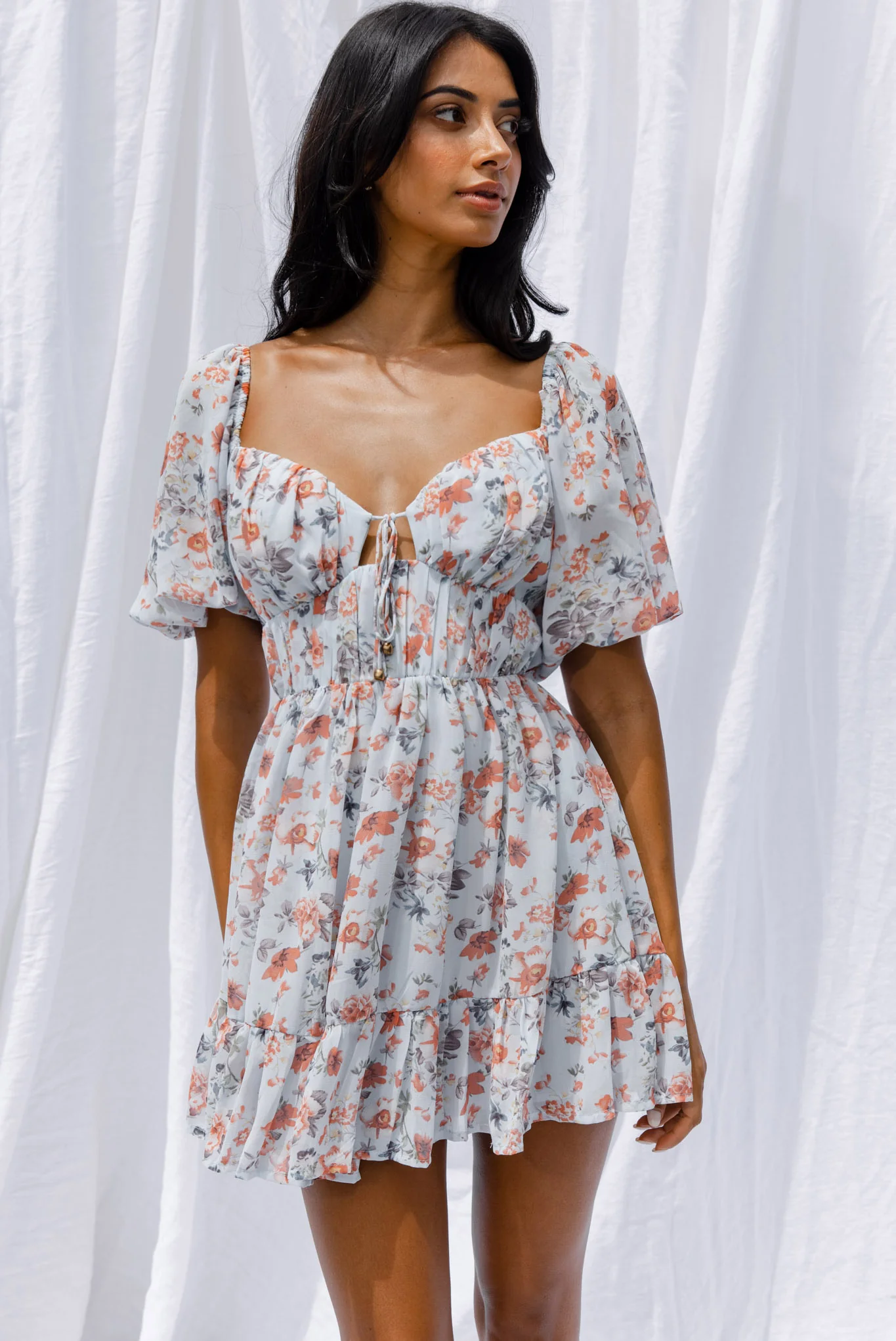 Vista Del Mar Tied Bust Mini Dress Floral Steel Blue - Image 7