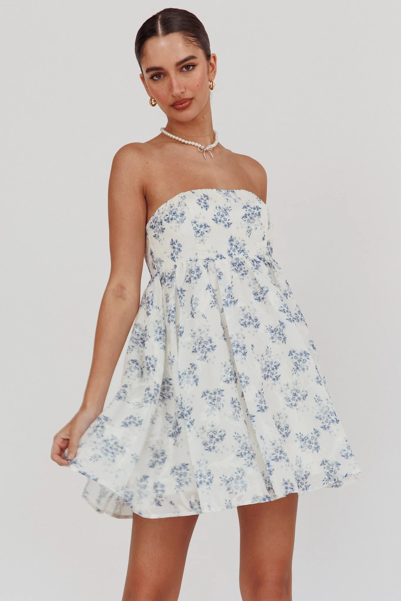 Vitoria Strapless Babydoll Dress Floral Blue - Image 3
