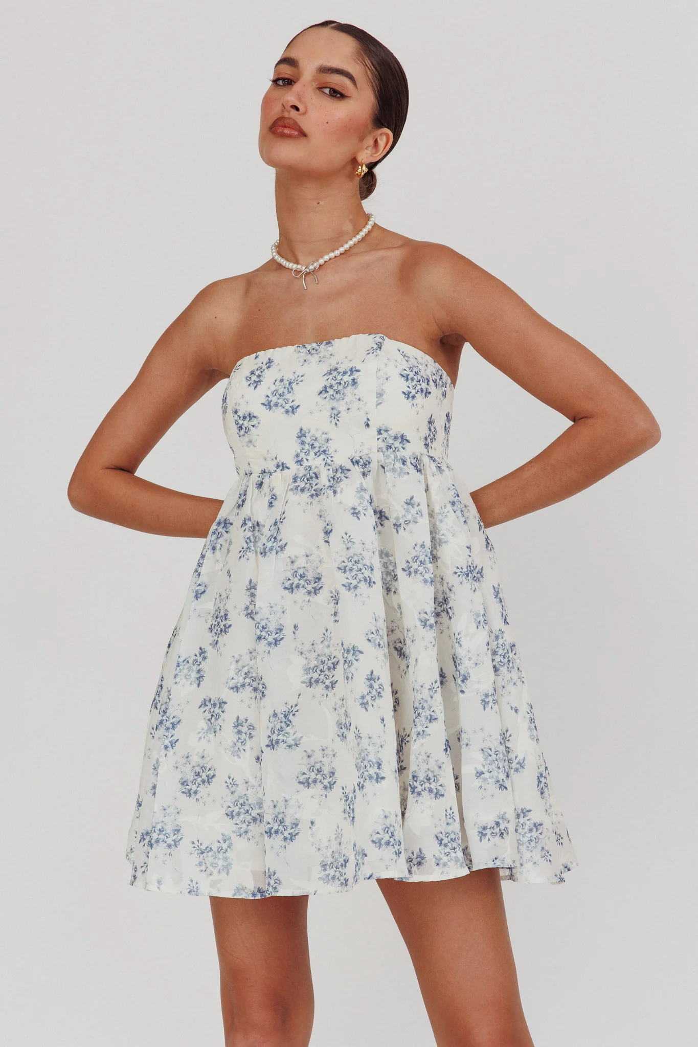 Vitoria Strapless Babydoll Dress Floral Blue - Image 5