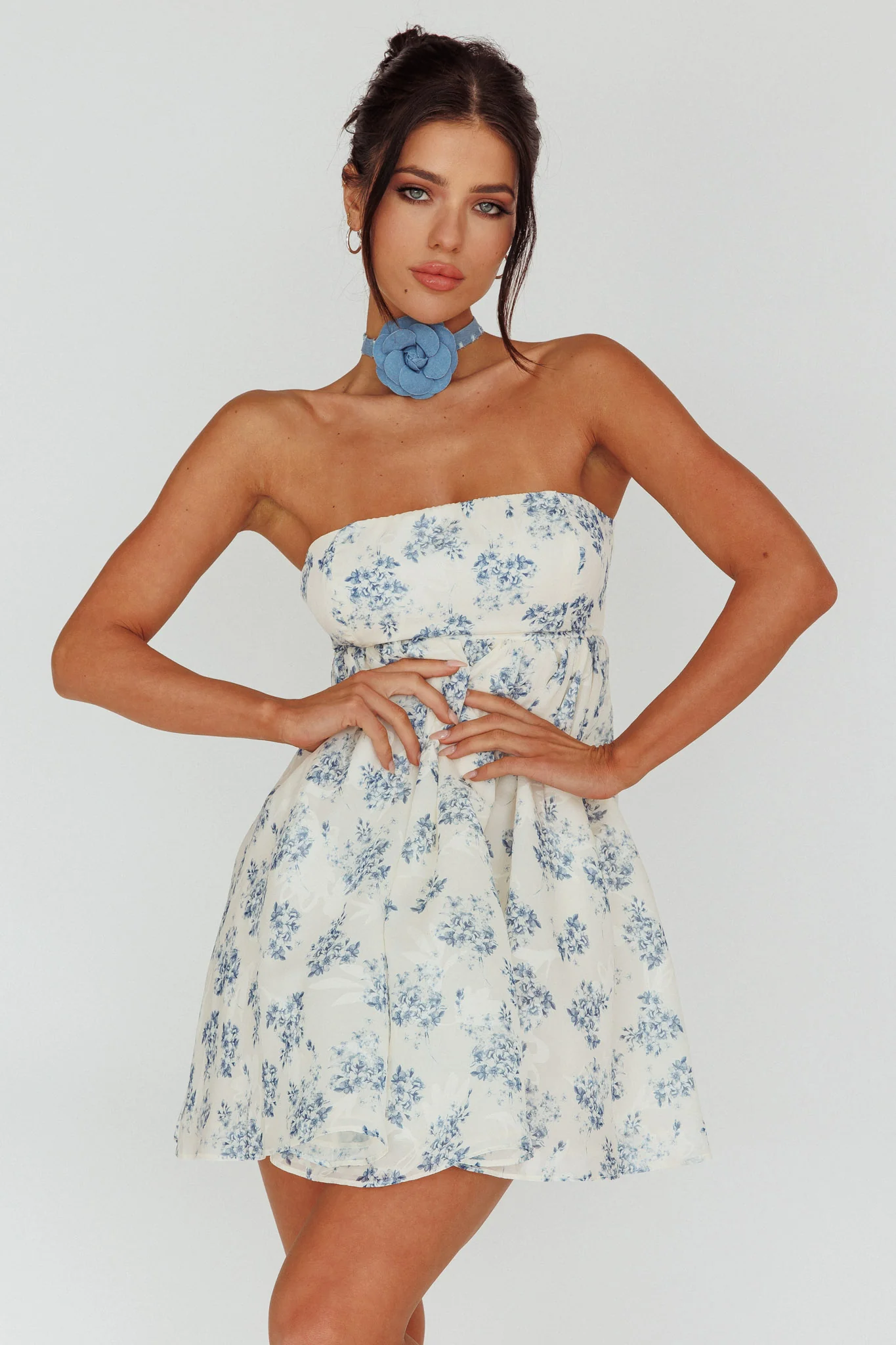 Vitoria Strapless Babydoll Dress Floral Blue - Image 6