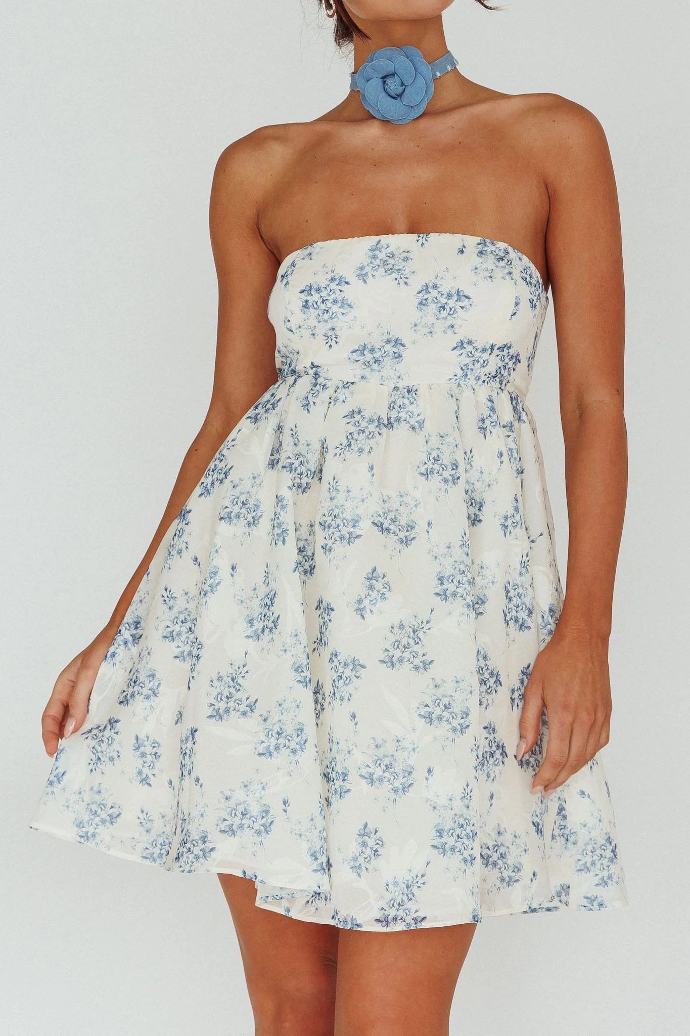 Vitoria Strapless Babydoll Dress Floral Blue - Image 9