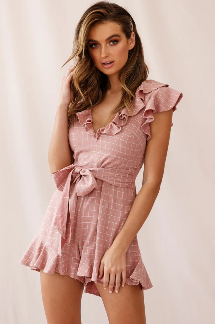 Vivvy Ruffle Shoulder Waist Tie Romper Square Print Nude - Image 6