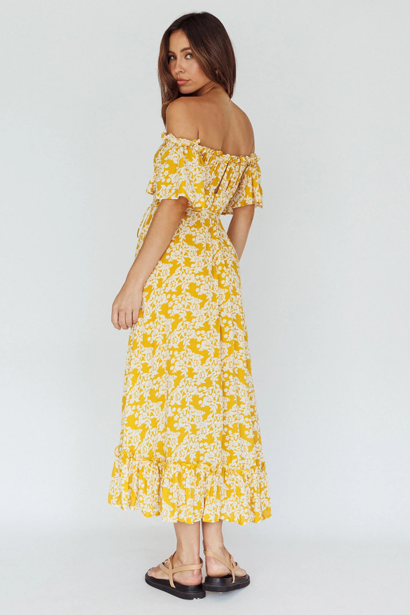Voyager Off-Shoulder Bell Sleeve Midi Dress Floral Yellow - Image 2