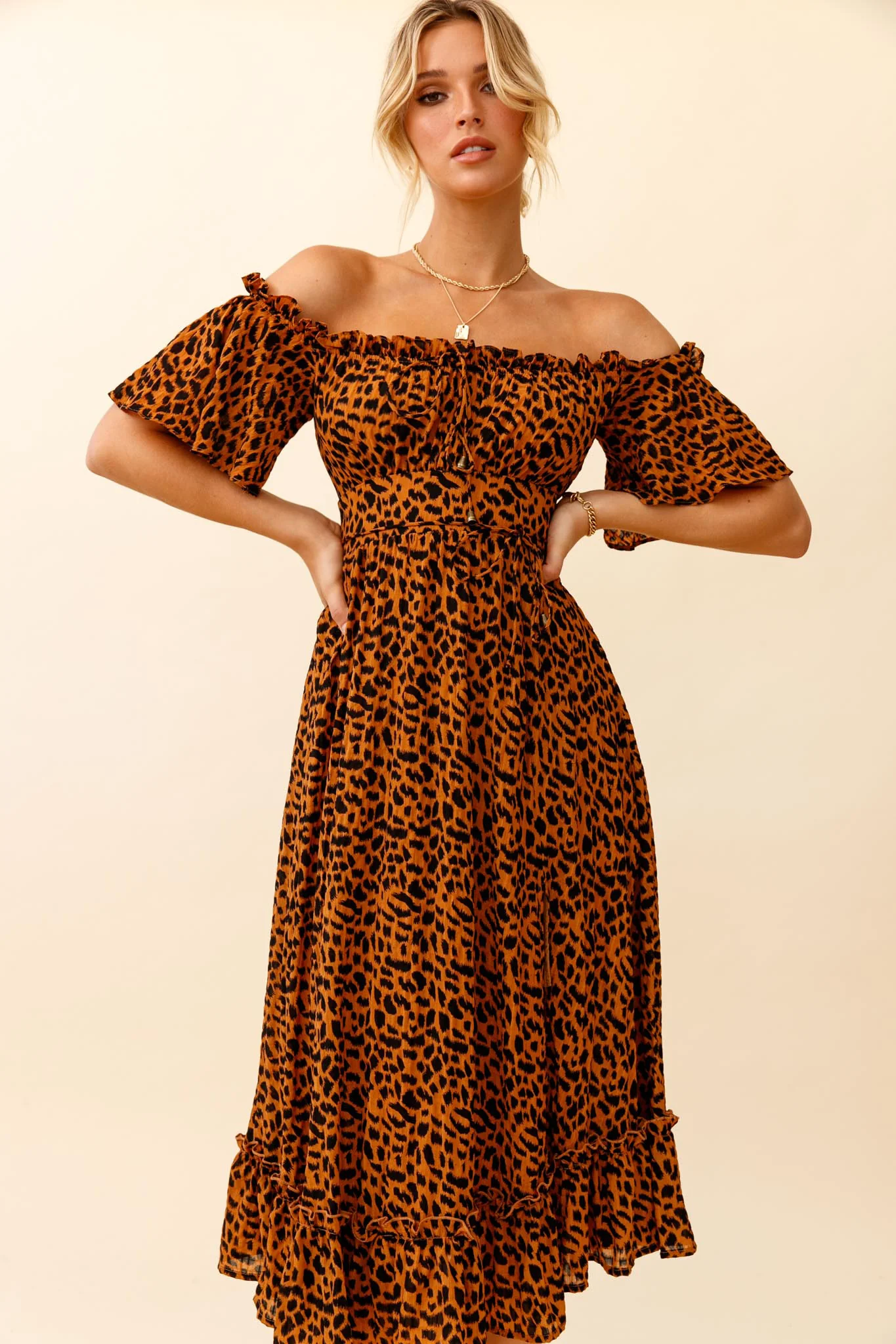 Voyager Off-Shoulder Bell Sleeve Midi Dress Leopard Print Brown - Image 6