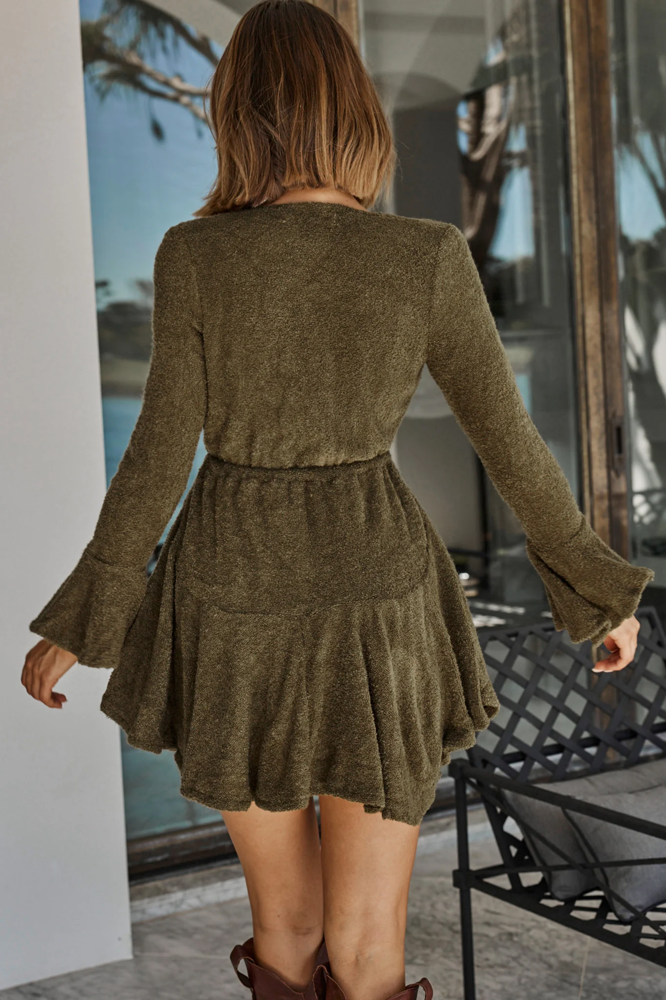 Wait For It Long Sleeve Drawstring Dress Khaki - Image 3
