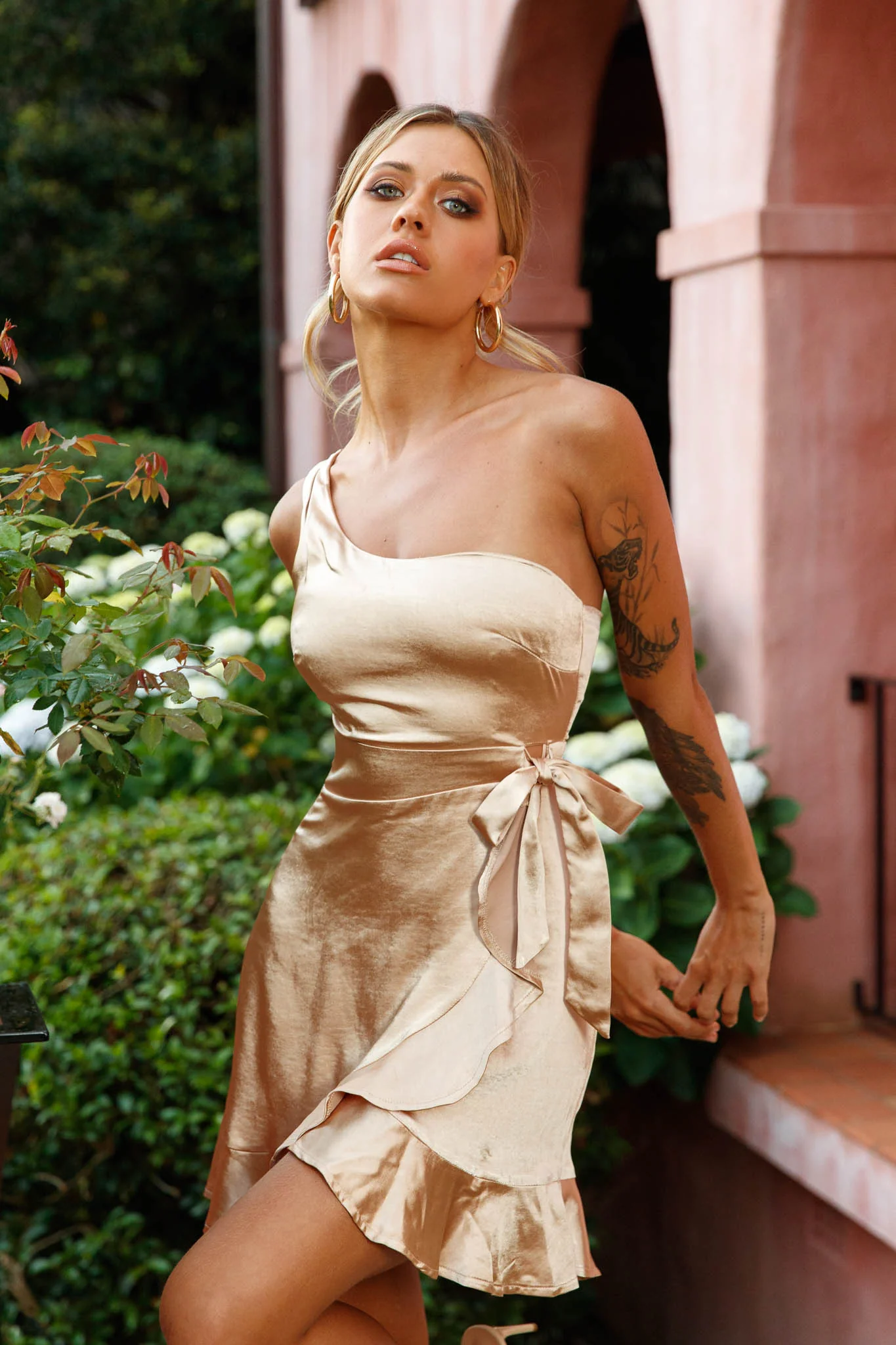 Waiting For Tonight One Shoulder Faux Wrap Dress Champagne - Image 5
