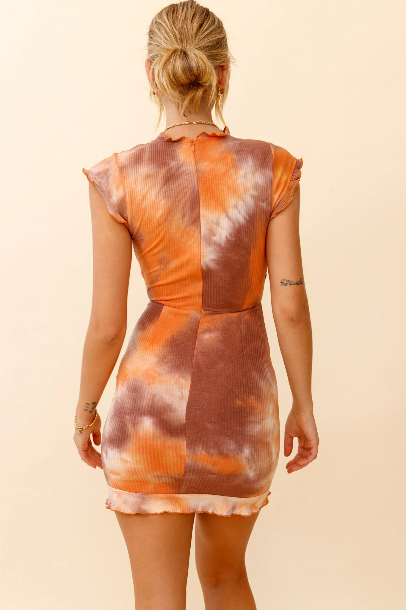 Wake Up Call Ruched Accent Ruffle Dress Marble Print Orange - Image 2