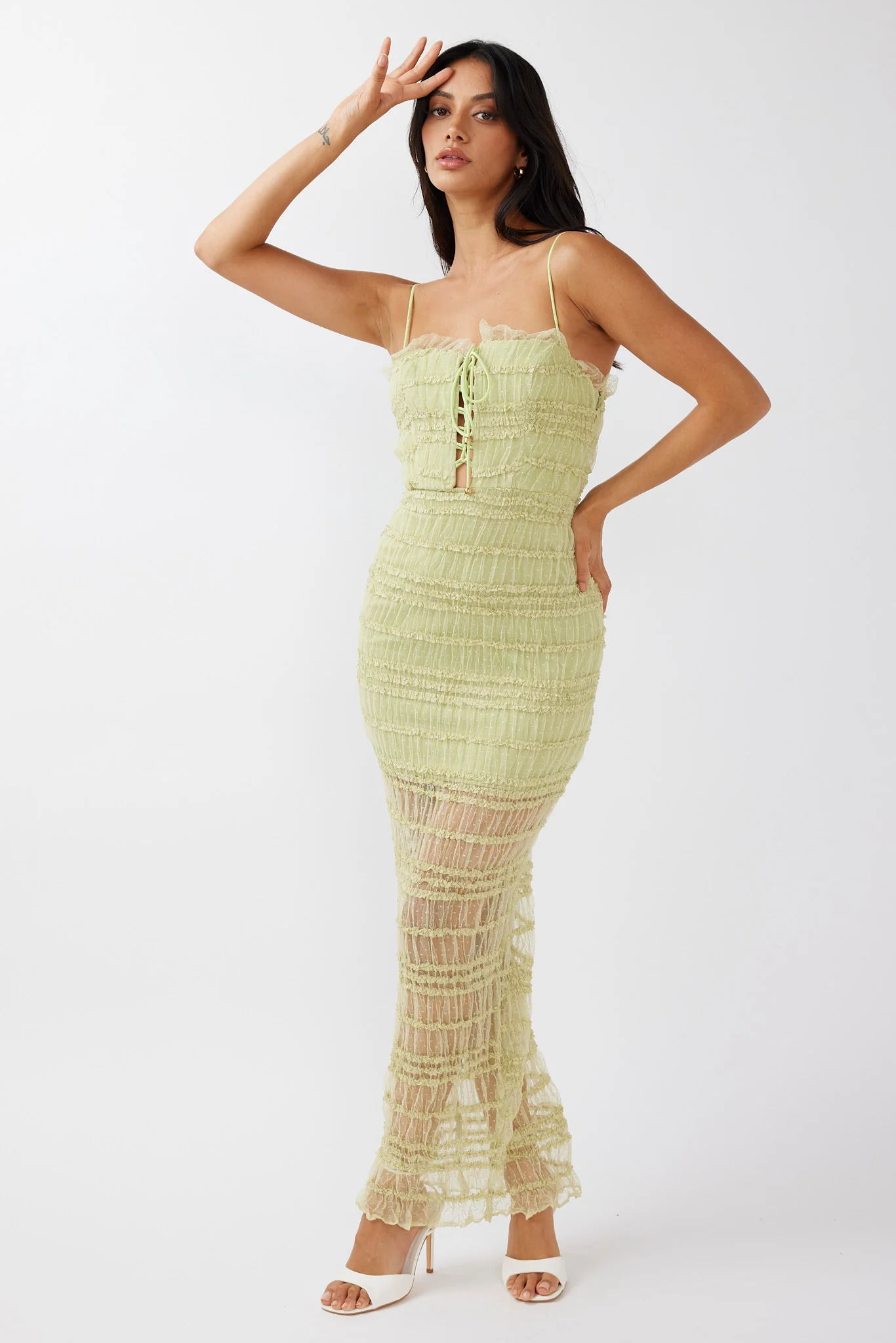 Wander & Roam Frill Trim Lace Dress Matcha - Image 3
