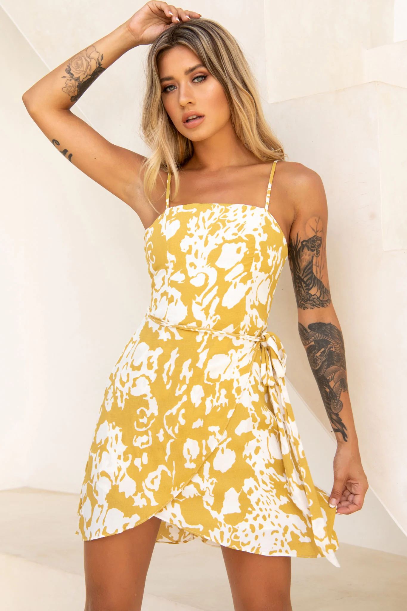 Wattle Cami Strap Wrap Dress Printed Mustard - Image 3