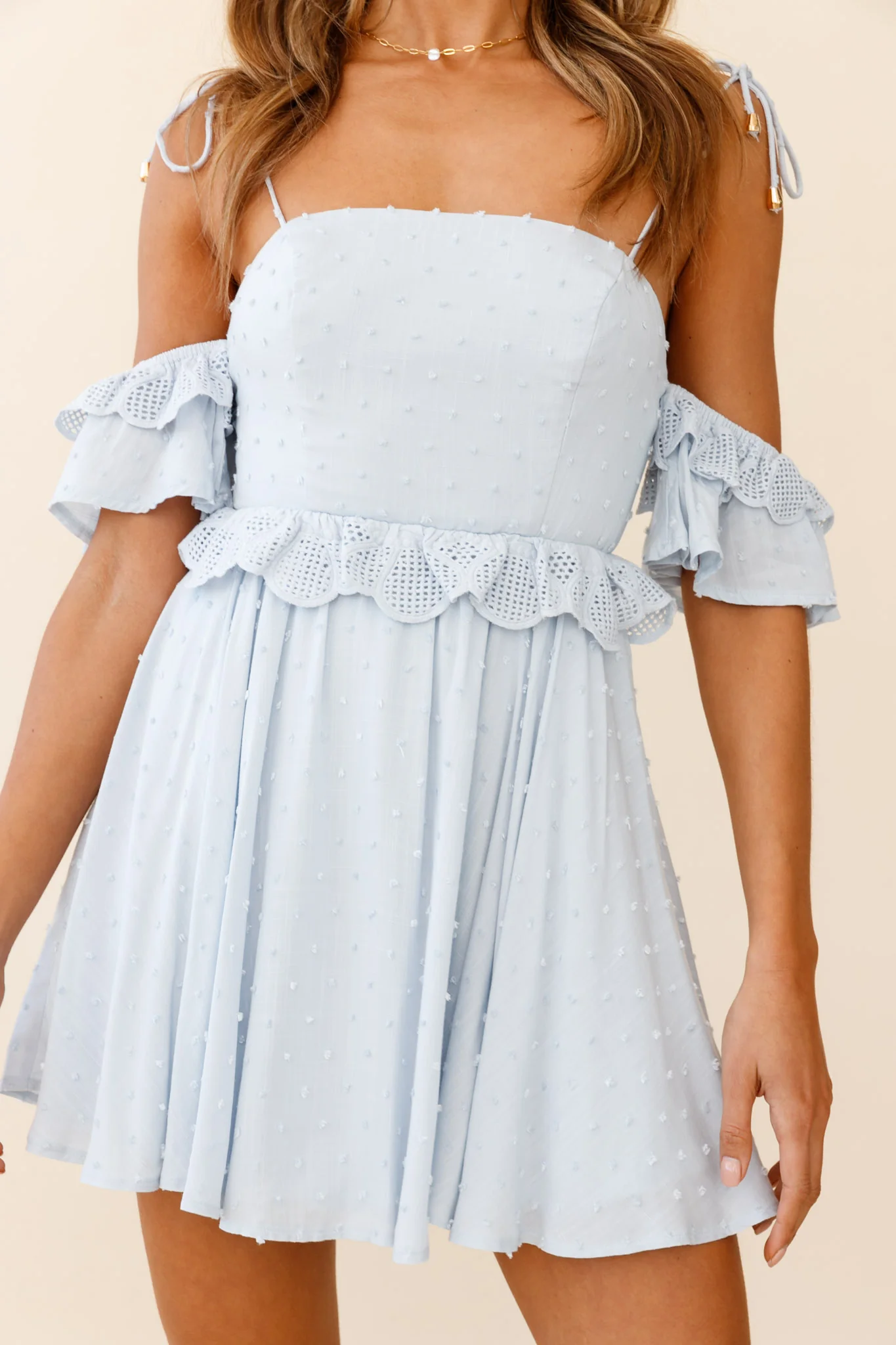 Wayside String Tie Strap Lace Trim Mini Dress Steel Blue - Image 4