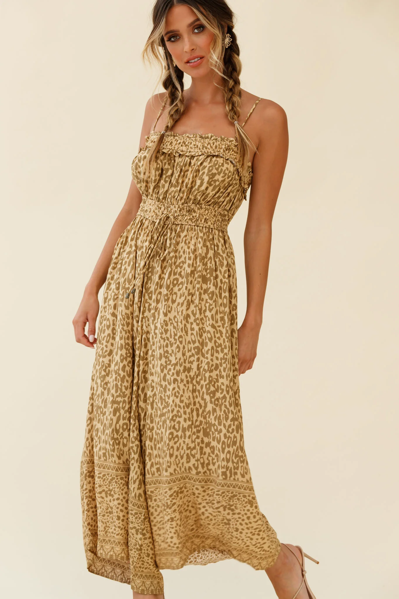 Weekend Escape Cami Strap Drawstring Jumpsuit Animal Print Khaki - Image 5