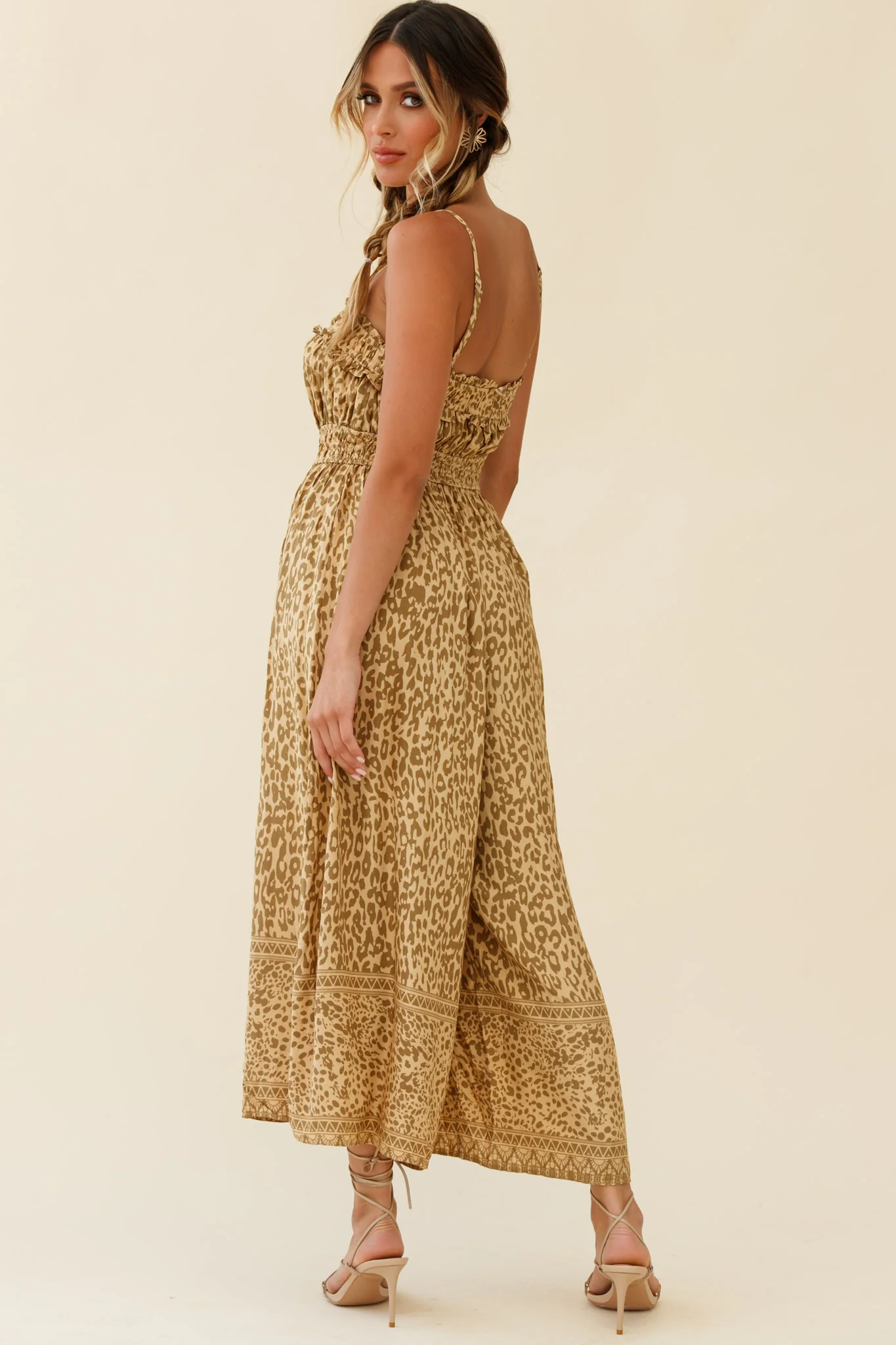 Weekend Escape Cami Strap Drawstring Jumpsuit Animal Print Khaki - Image 7
