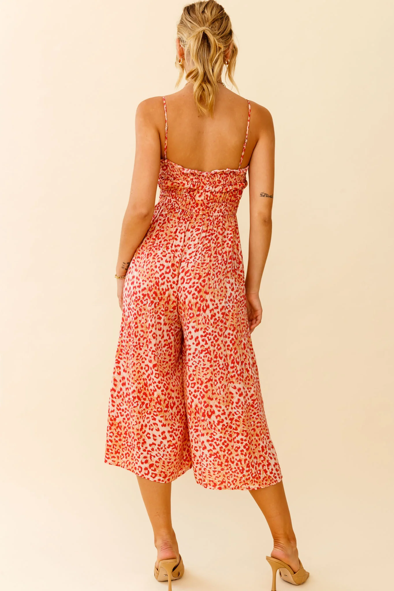 Weekend Escape Cami Strap Drawstring Jumpsuit Animal Print Orange - Image 2