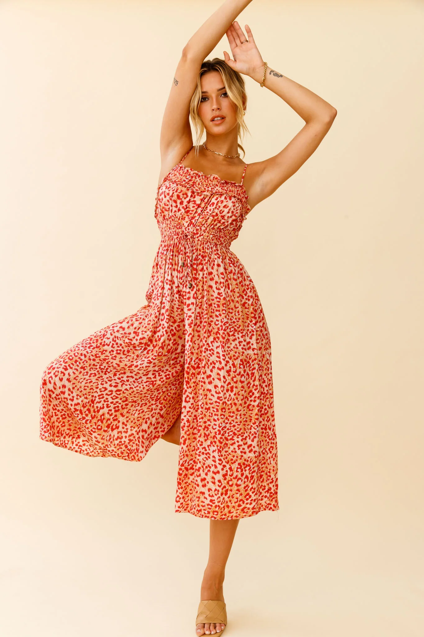 Weekend Escape Cami Strap Drawstring Jumpsuit Animal Print Orange - Image 3