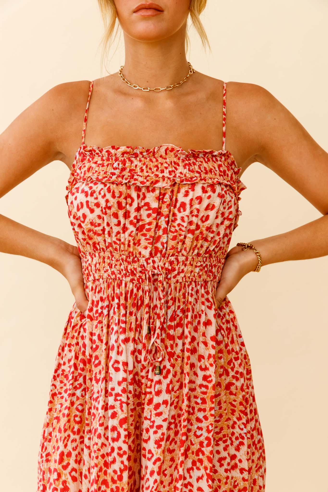 Weekend Escape Cami Strap Drawstring Jumpsuit Animal Print Orange - Image 4