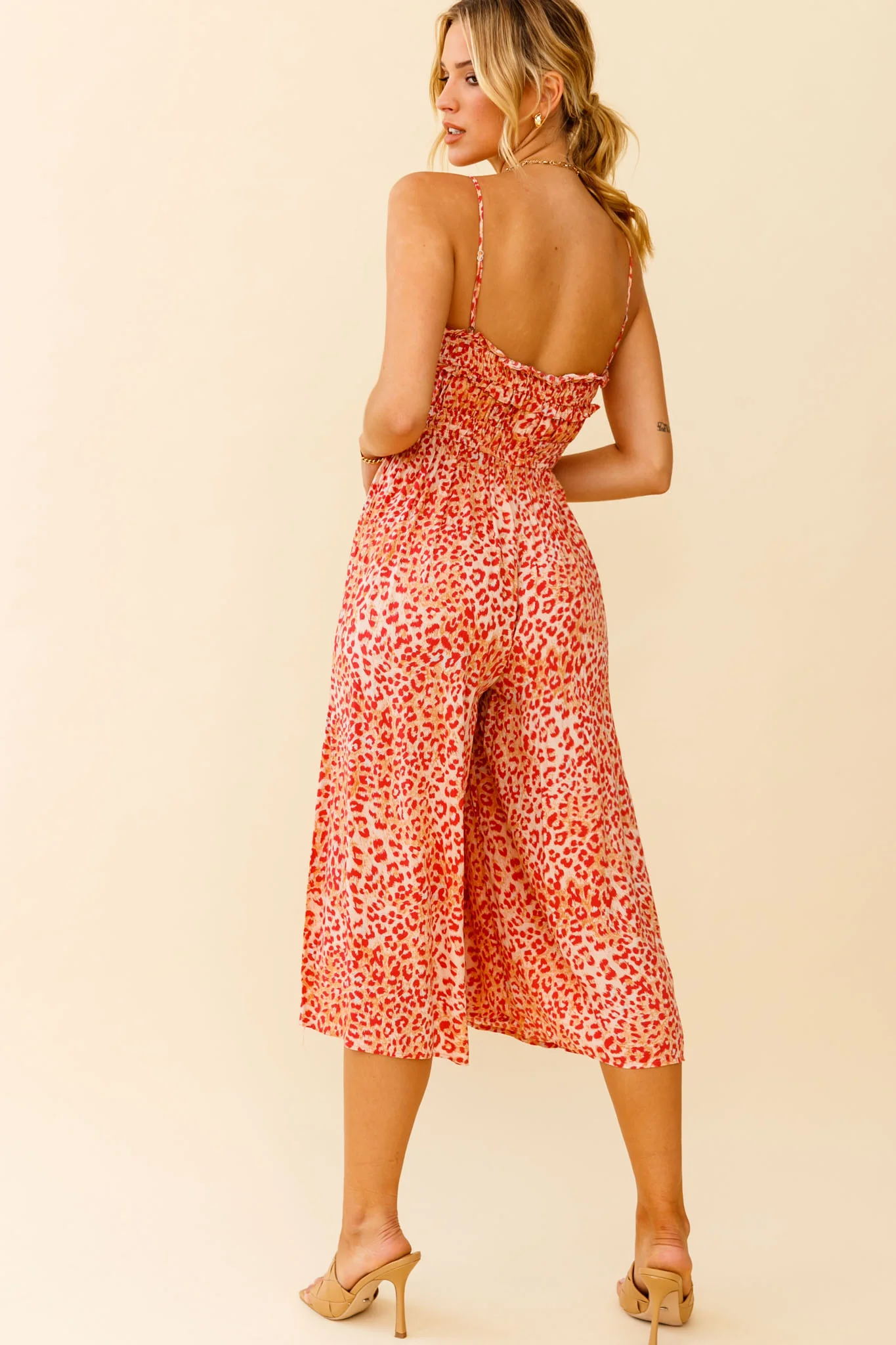 Weekend Escape Cami Strap Drawstring Jumpsuit Animal Print Orange - Image 5