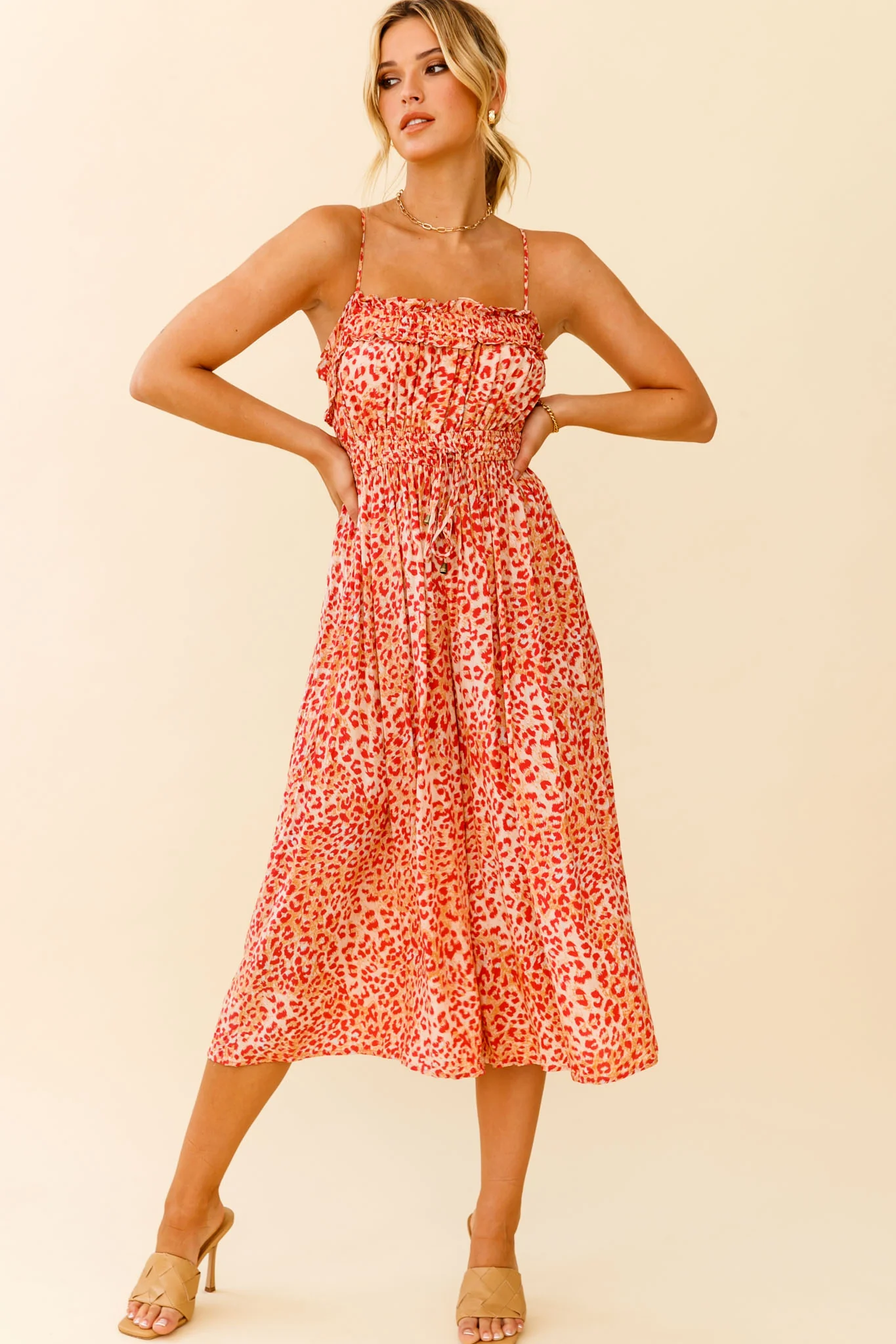 Weekend Escape Cami Strap Drawstring Jumpsuit Animal Print Orange - Image 6