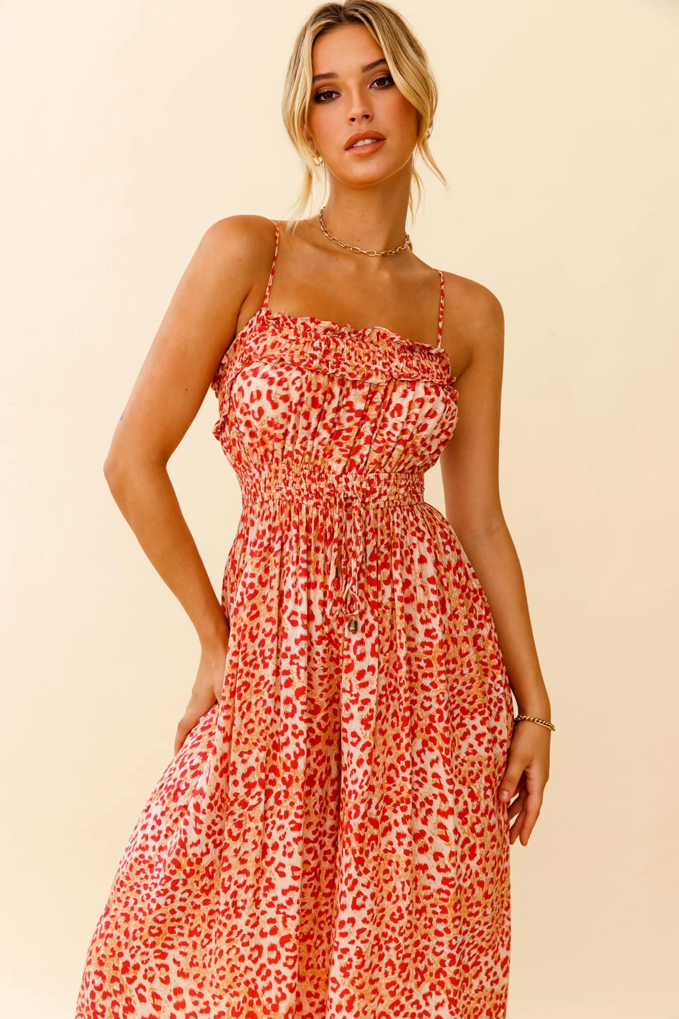 Weekend Escape Cami Strap Drawstring Jumpsuit Animal Print Orange - Image 7